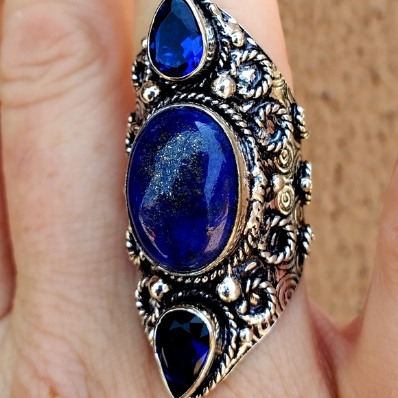 New Lapis Lazuli & Blue Topaz 925 Silver Statement Ring. - Picture 9 of 11